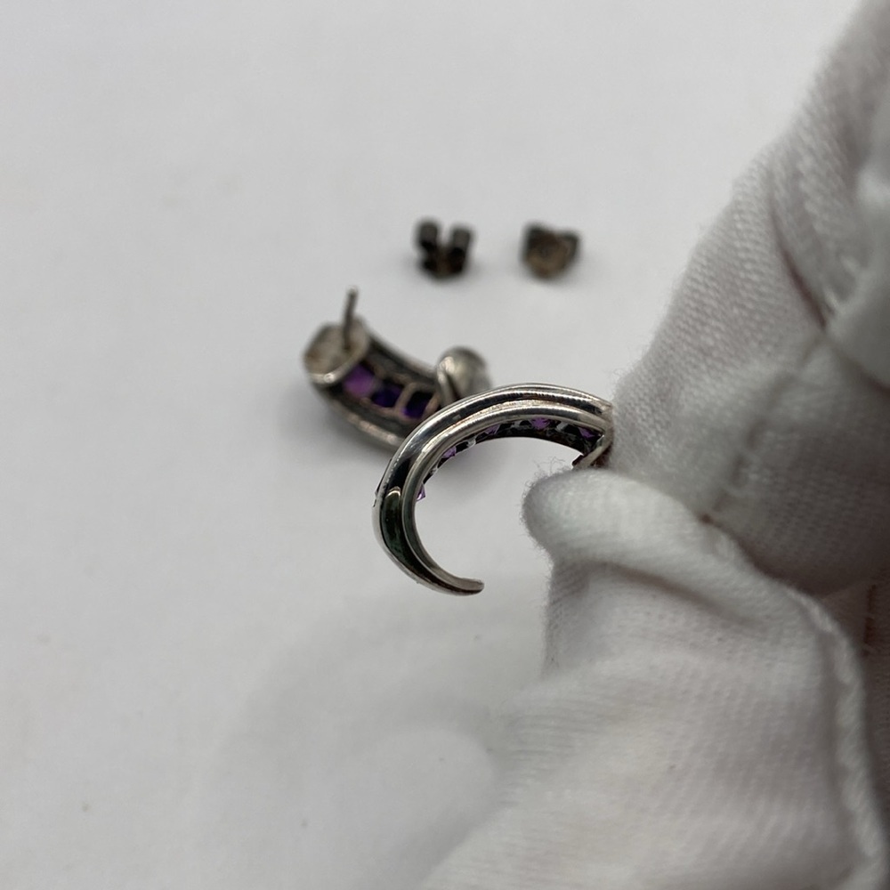 Sterling Silver 925 Channel Set Purple Amethyst Open Hoop Earrings Pierced - Picture 11 of 13